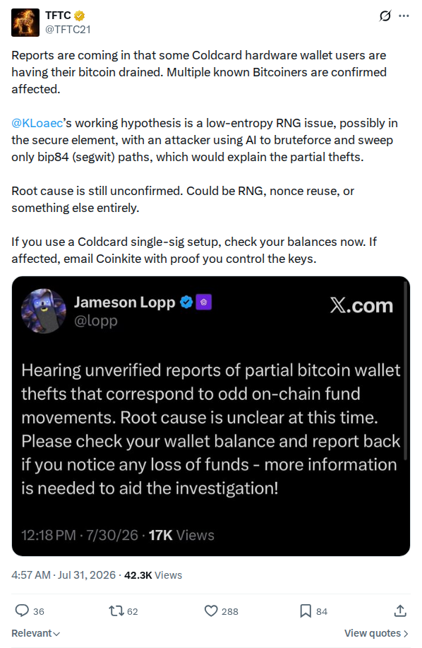 Captured screenshot: TFTC early report of Coldcard wallet drains