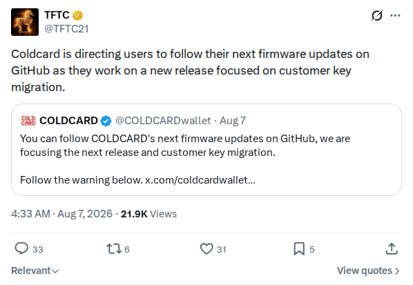 Captured screenshot: Coldcard directing users to GitHub for migration firmware