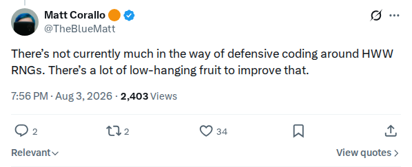 Captured screenshot: Matt Corallo says hardware wallet RNG defensive coding has much room for improvement