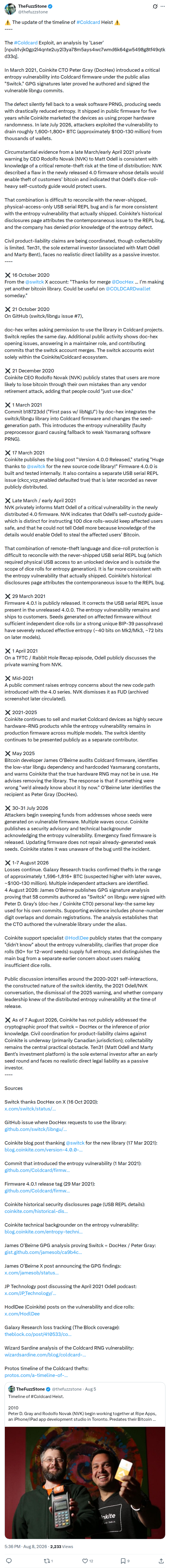 Captured screenshot: Updated timeline of the Coldcard exploit