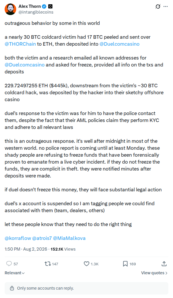 Captured screenshot: Victim funds peeled over THORChain to a casino