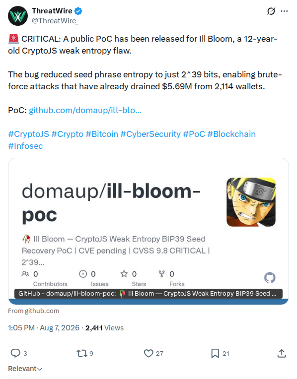 Captured screenshot: Ill Bloom proof-of-concept alert