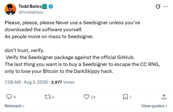 Captured screenshot: Todd Bates warns migrating owners to verify SeedSigner packages against official GitHub