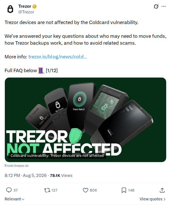 Captured screenshot of the post by @Trezor