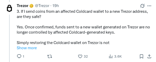 Captured screenshot of the post by @Trezor