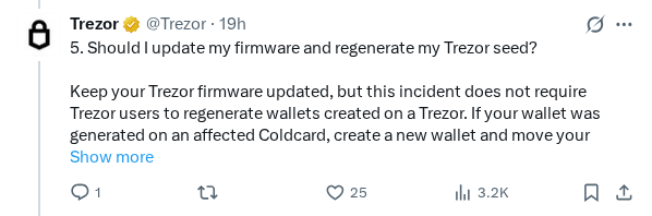 Captured screenshot of the post by @Trezor