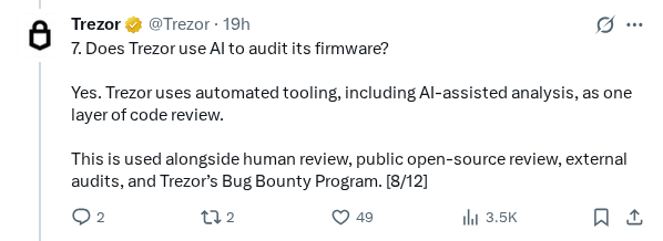 Captured screenshot of the post by @Trezor