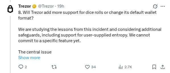 Captured screenshot of the post by @Trezor