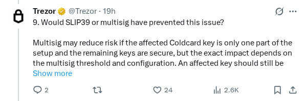 Captured screenshot of the post by @Trezor