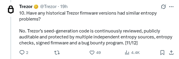 Captured screenshot of the post by @Trezor
