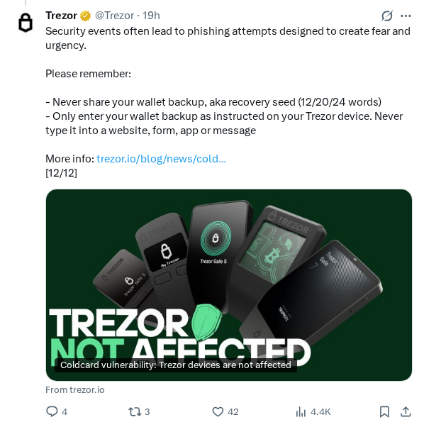Captured screenshot of the reply by @Trezor