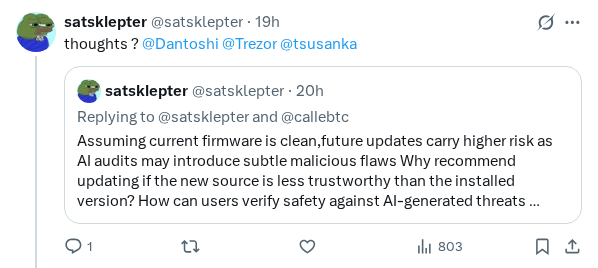 Captured screenshot of the reply by @satsklepter