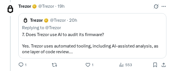 Captured screenshot of the reply by @Trezor