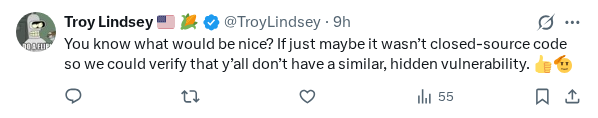 Captured screenshot of the reply by @TroyLindsey