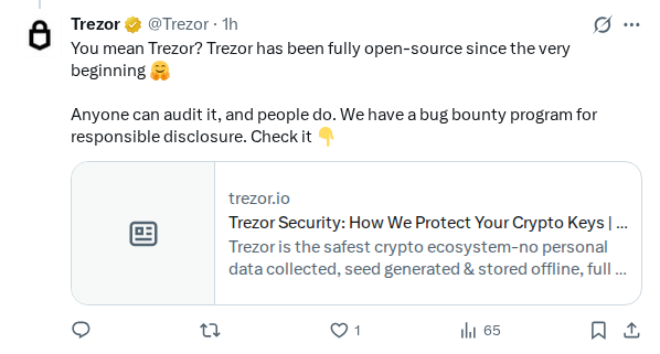 Captured screenshot of the reply by @Trezor