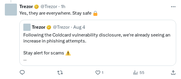 Captured screenshot of the reply by @Trezor
