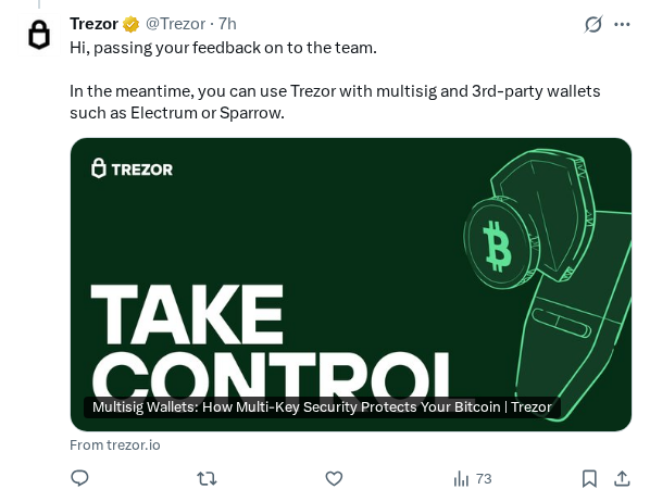 Captured screenshot of the reply by @Trezor