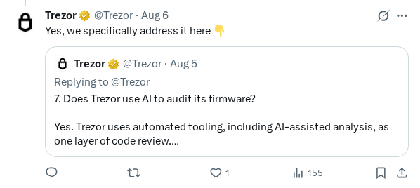 Captured screenshot of the reply by @Trezor