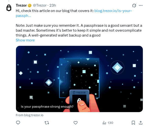 Captured screenshot of the reply by @Trezor