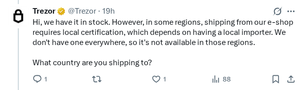 Captured screenshot of the reply by @Trezor