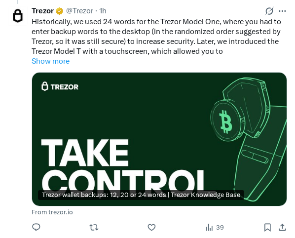 Captured screenshot of the reply by @Trezor