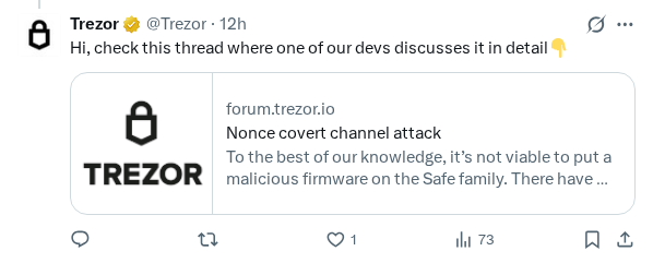 Captured screenshot of the reply by @Trezor