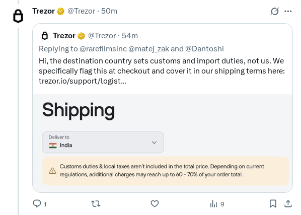 Captured screenshot of the reply by @Trezor