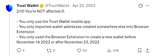 Captured screenshot of the post by @TrustWallet