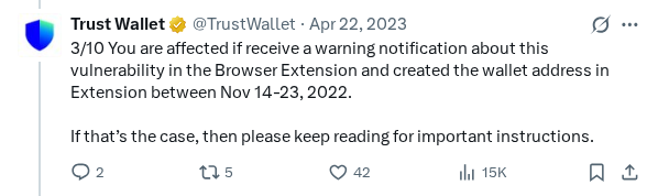Captured screenshot of the post by @TrustWallet