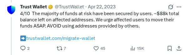 Captured screenshot of the post by @TrustWallet