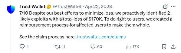 Captured screenshot of the post by @TrustWallet
