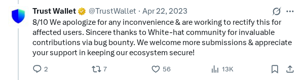 Captured screenshot of the post by @TrustWallet