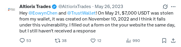 Captured screenshot of the reply by @AltiorixTrades