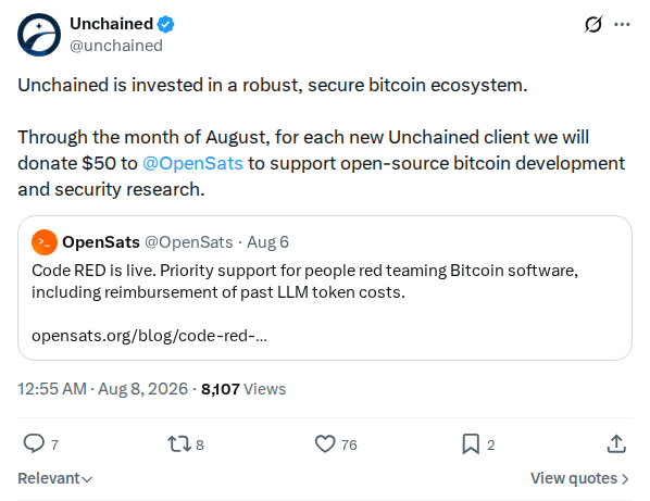 Captured screenshot: OpenSats donation pledge for August clients