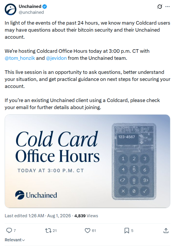 Captured screenshot: Unchained Coldcard Office Hours announcement