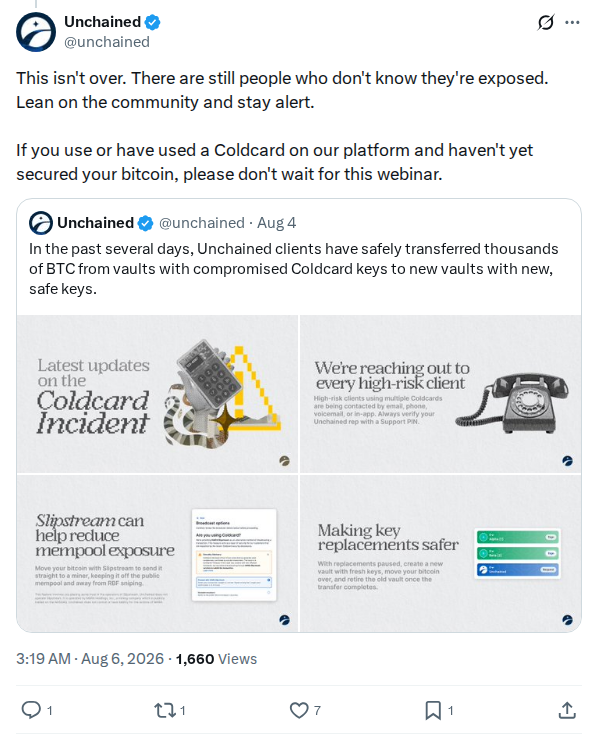 Captured screenshot: Unchained warns that Coldcard exposure is not over
