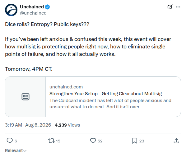 Captured screenshot: Unchained webinar on multisig protection after Coldcard