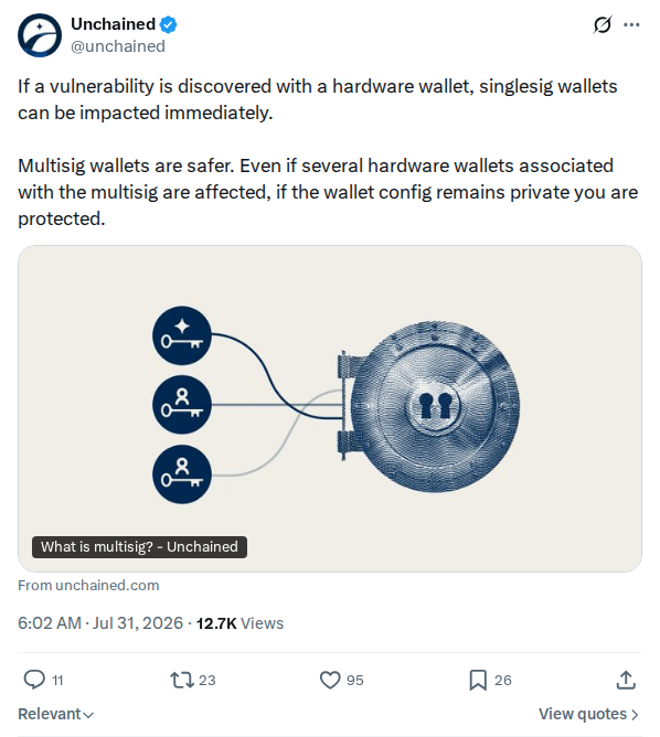 Captured screenshot: Unchained multisig safety guidance, 2026-07-30