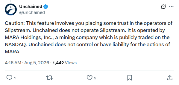 Captured screenshot: Slipstream liability disclaimer