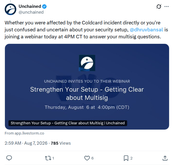 Captured screenshot: Unchained Coldcard multisig webinar announcement