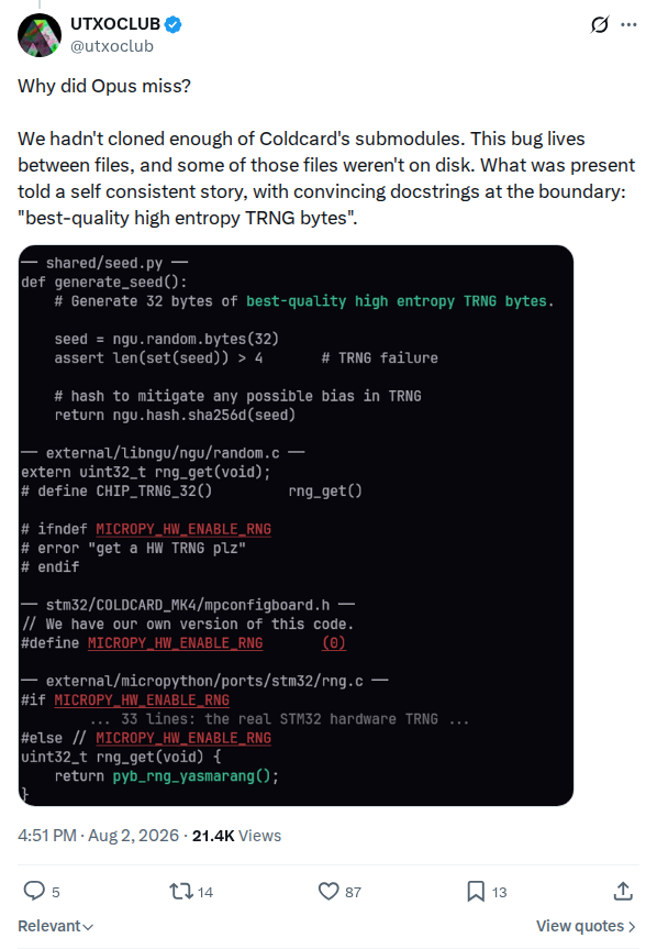 Captured screenshot: Opus missed the bug because submodules were not cloned