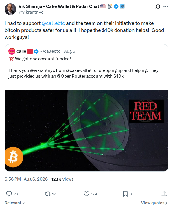 Captured screenshot: Cake Wallet donation to callebtc security initiative