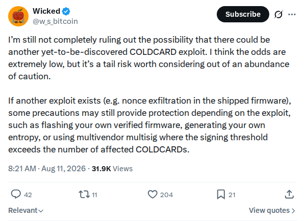 Captured screenshot: Tail risk of a further undisclosed COLDCARD exploit