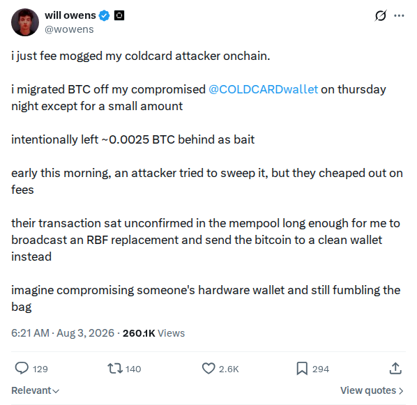 Captured screenshot: Fee-mogging a COLDCARD attacker with RBF