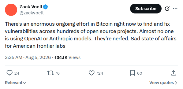 Captured screenshot: Frontier AI models nerfed for Bitcoin vulnerability hunt