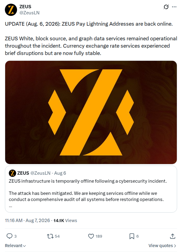Captured screenshot: ZEUS Pay Lightning Addresses restored