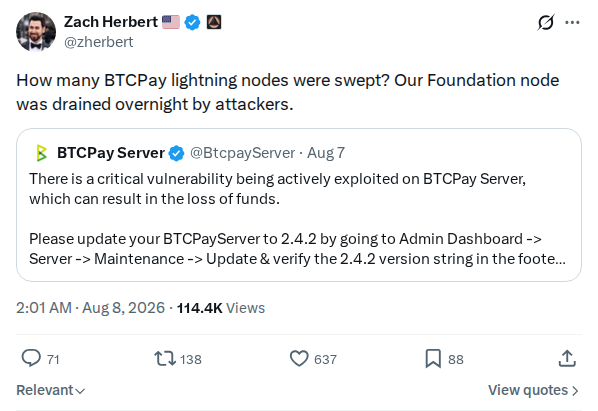 Captured screenshot: Foundation BTCPay lightning node drained