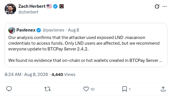 Captured screenshot: Zach Herbert: attacker used exposed LND macaroon credentials against BTCPay nodes