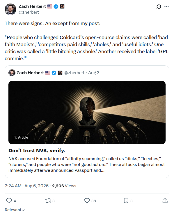 Captured screenshot: Zach Herbert on Coldcard's past treatment of open-source critics