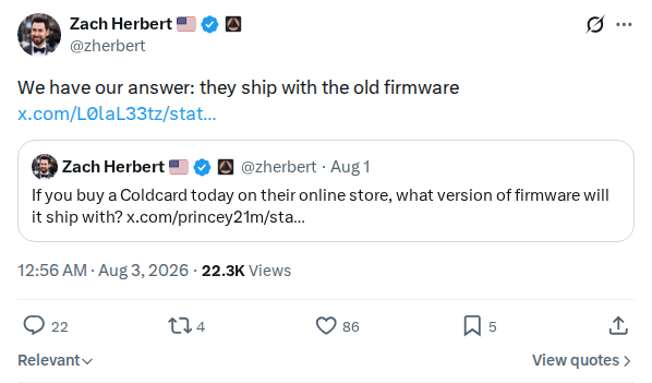 Captured screenshot: Zach Herbert claims COLDCARD devices ship with old firmware